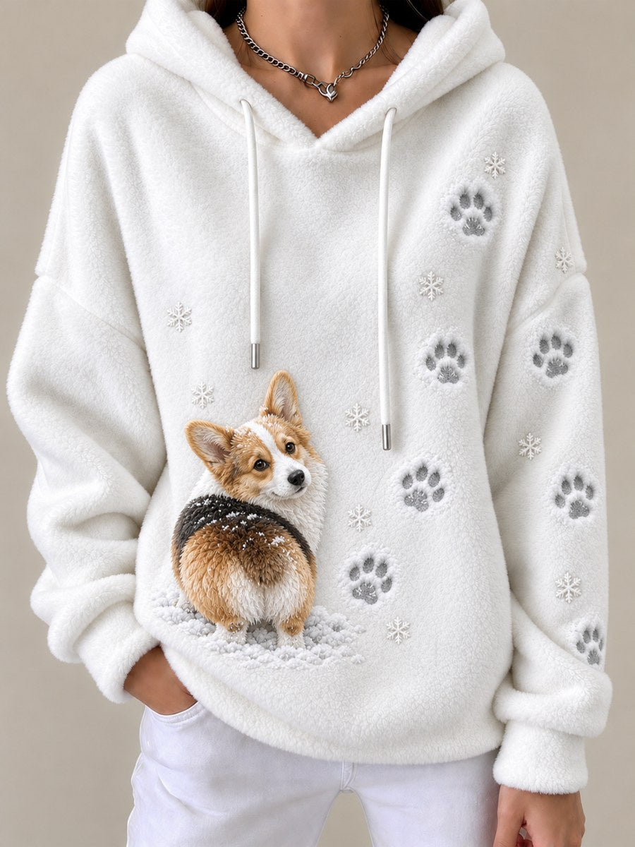 Women's Corgi Dog & Paw Prints in the snow Print Cozy Flannel Hoodie