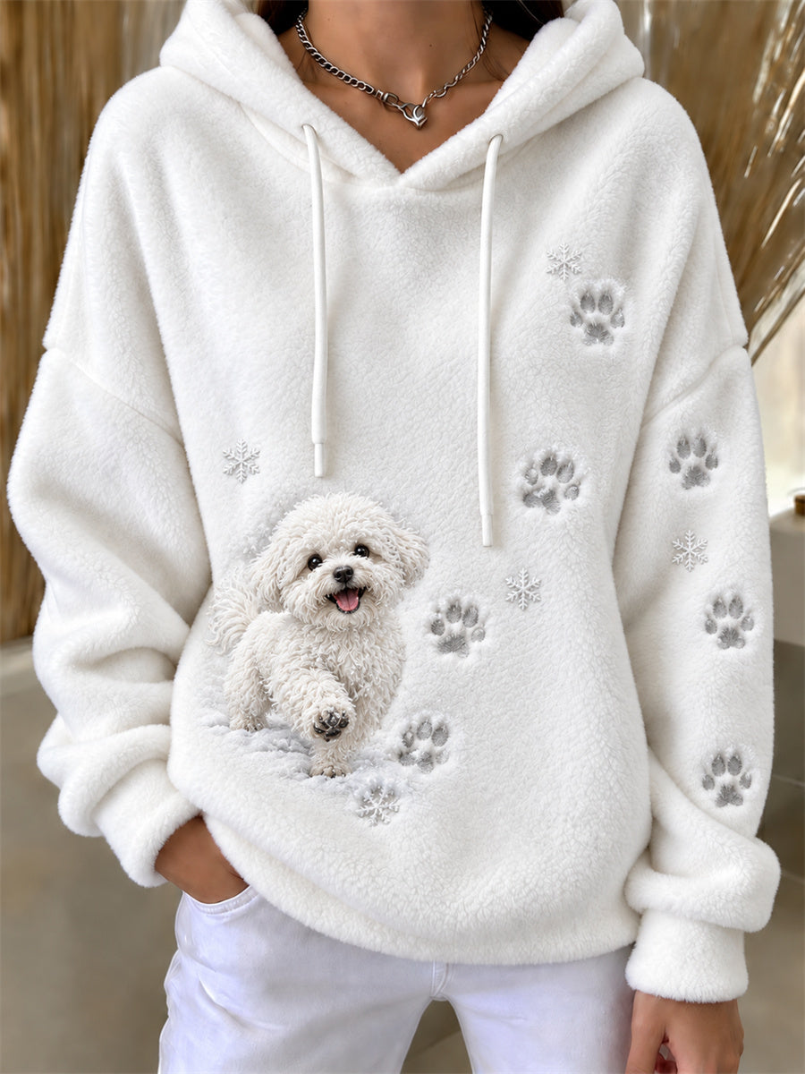 Women's Bichon Dog & Paw Prints in the snow Print Cozy Flannel Hoodie