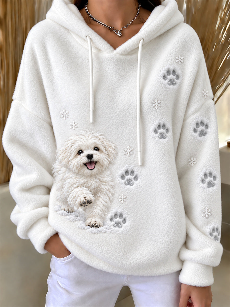 Women's Maltese Dog & Paw Prints in the snow Print Cozy Flannel Hoodie