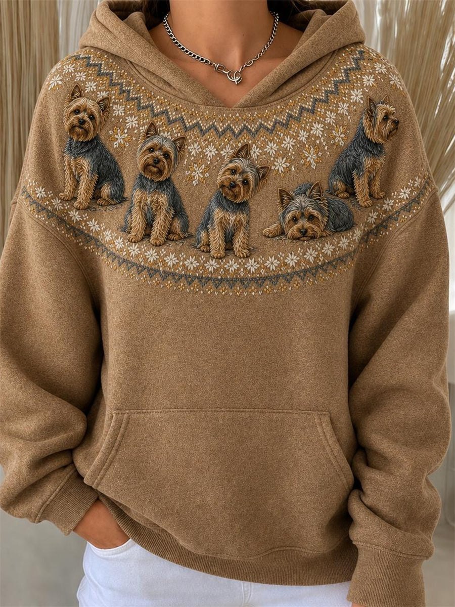Women's Vintage Yorkie Dogs Yoke Isle Pattern Print Hoodie