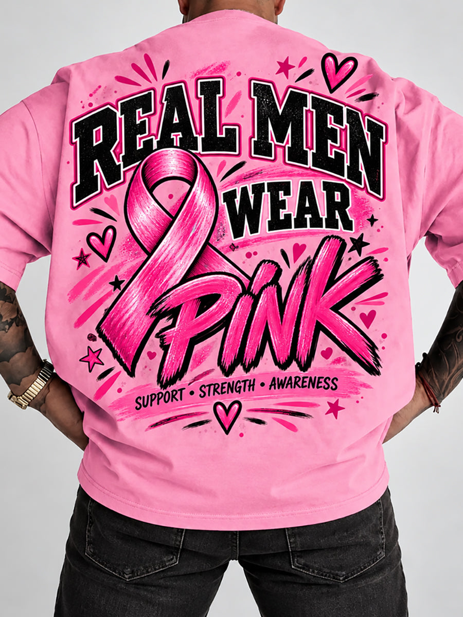Men's Real Men Wear Pink Breast Cancer Awareness Print T-Shirt