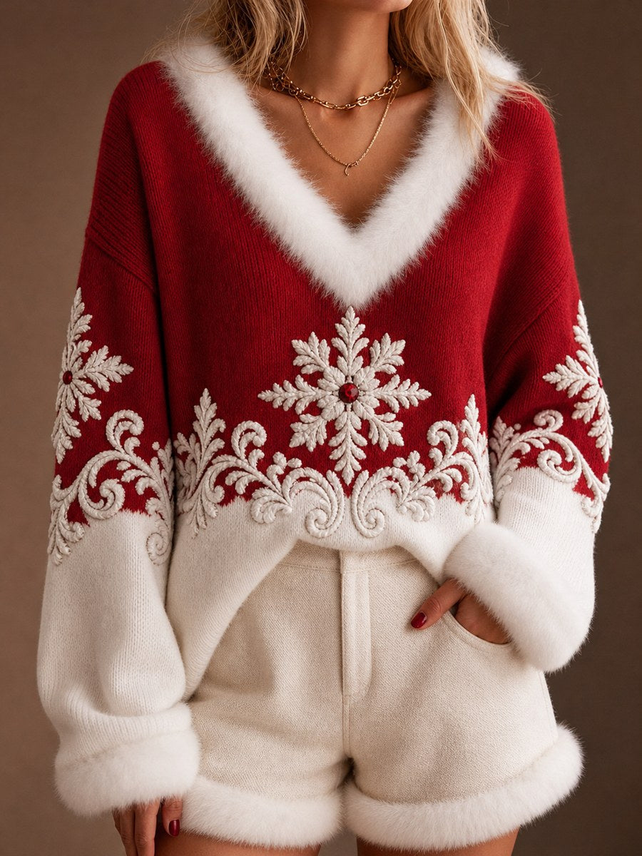 Women's Classy Christmas Snowflakes Contrast Color Print Fur Trim V Neck Sweater