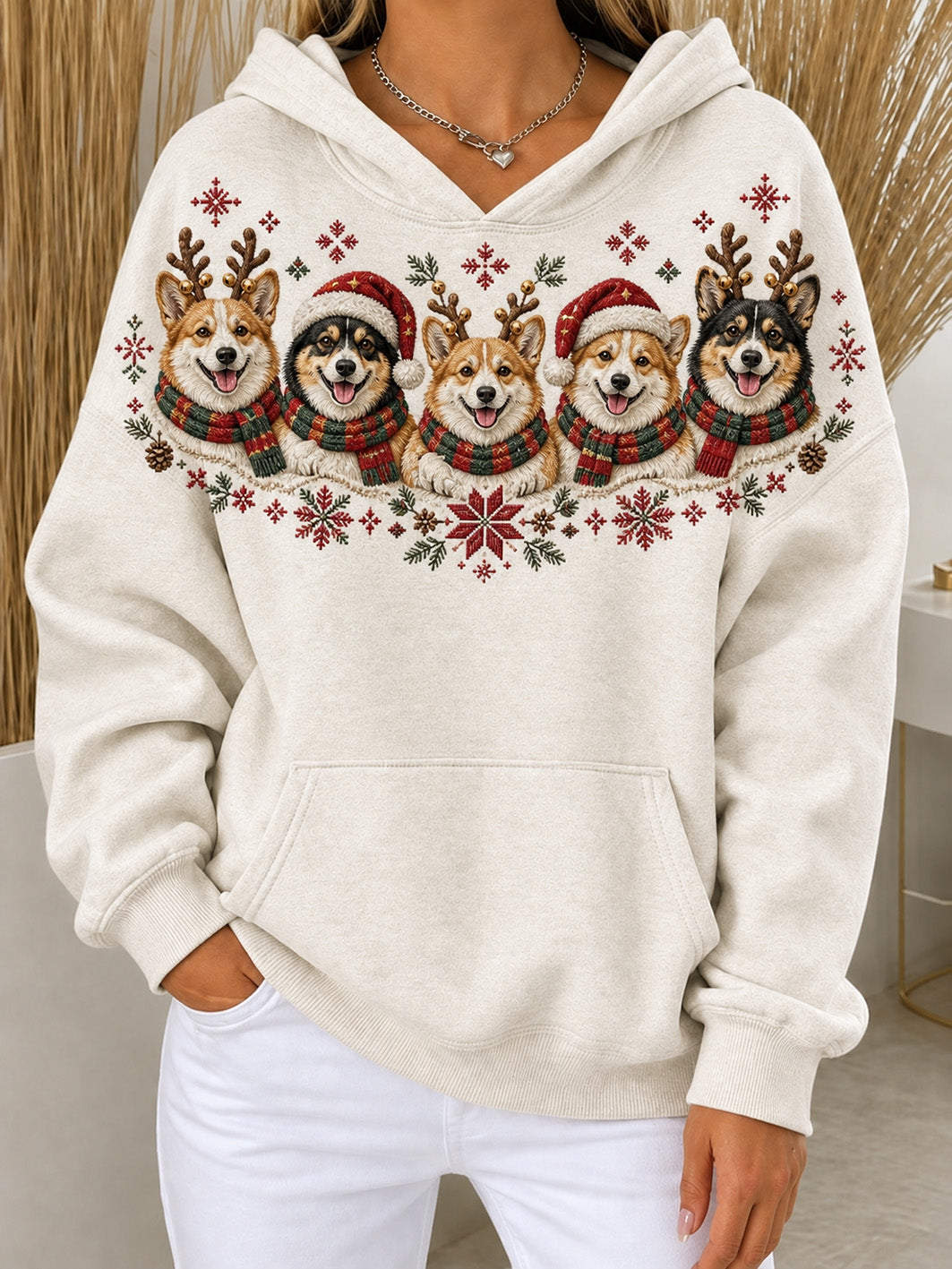 Women's Christmas-themed Corgis pattern casual hoodie