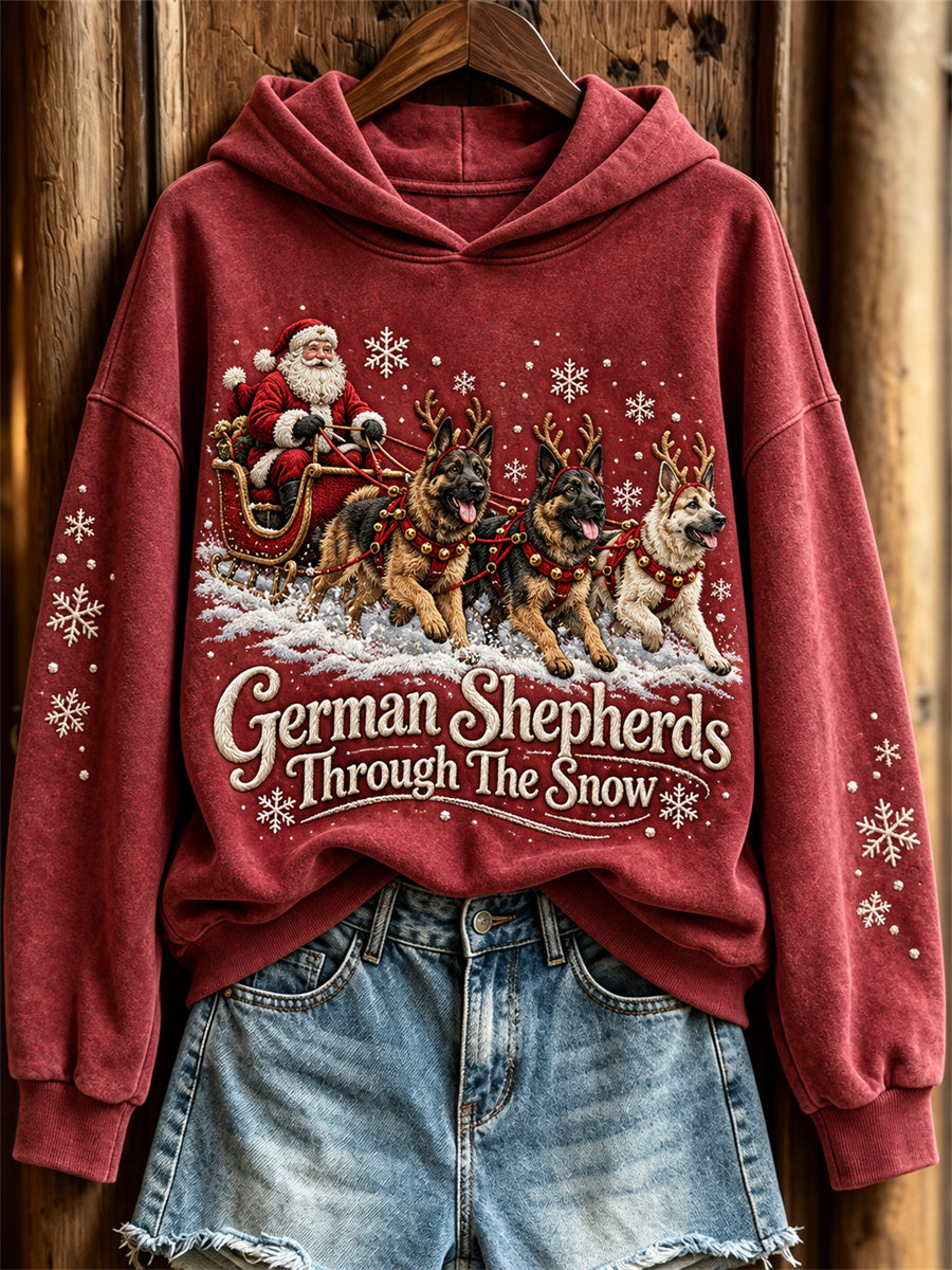 Women's German Shepherds Through the Snow Christmas Santa Claus & Dogs Print Hoodie