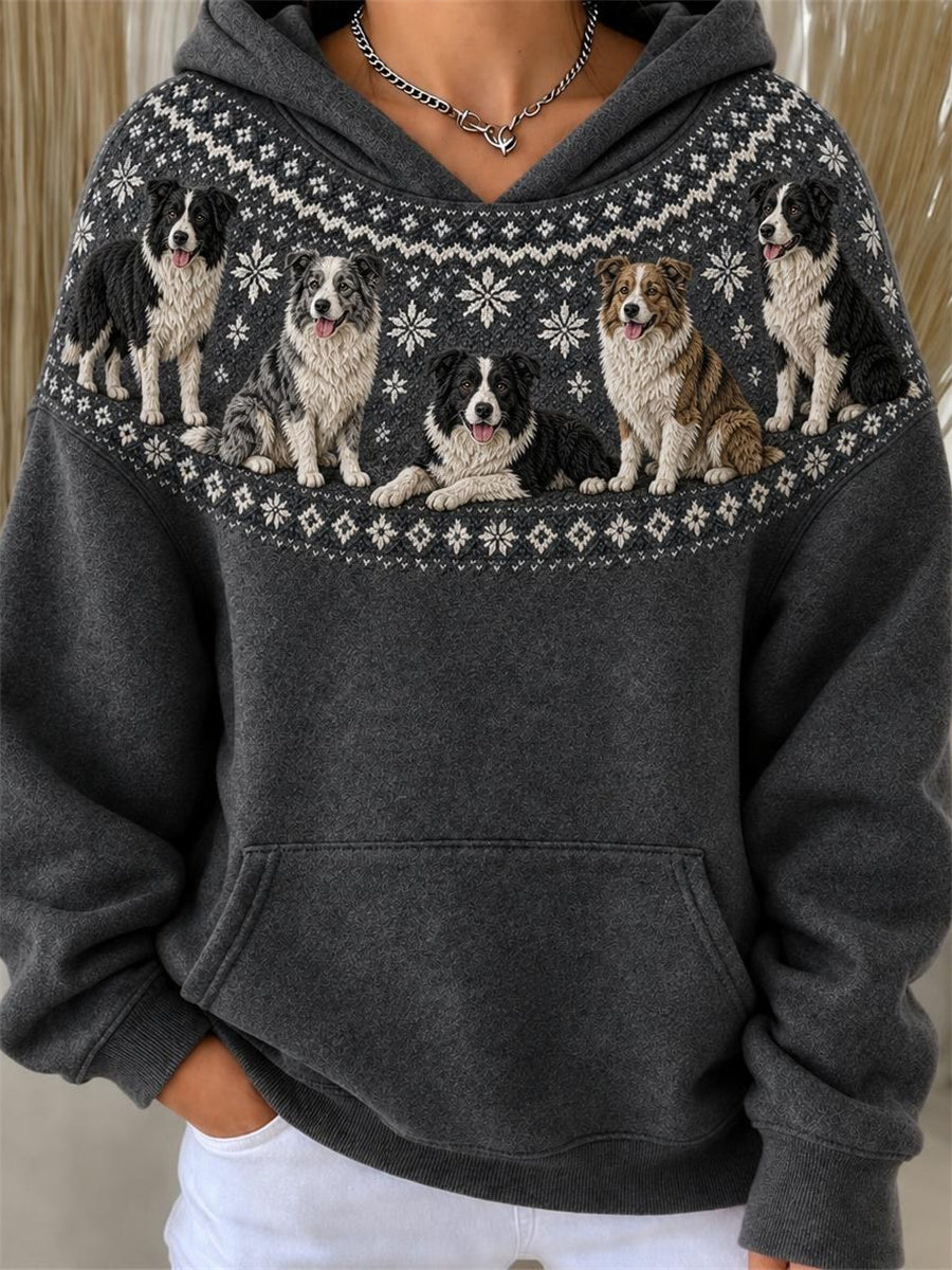Women's Vintage Border Collie Dogs Yoke Isle Pattern Print Hoodie