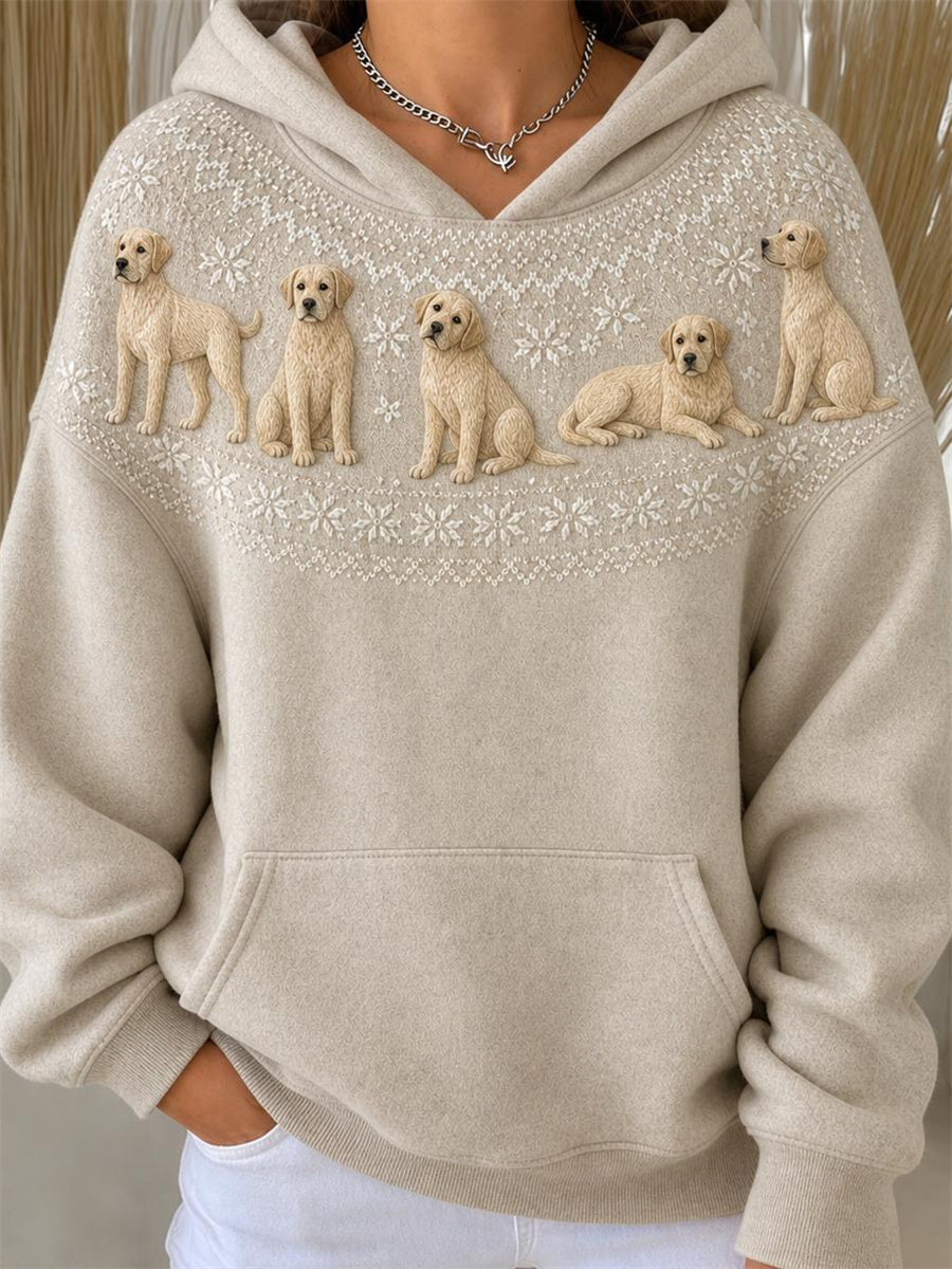 Women's Vintage Cream Labrador Dogs Yoke Isle Pattern Print Hoodie