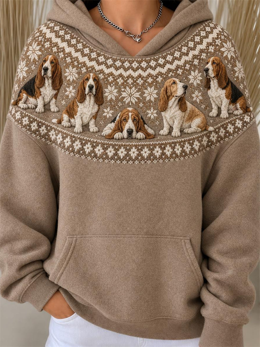 Women's Vintage Basset Hound Dogs Yoke Isle Pattern Print Hoodie