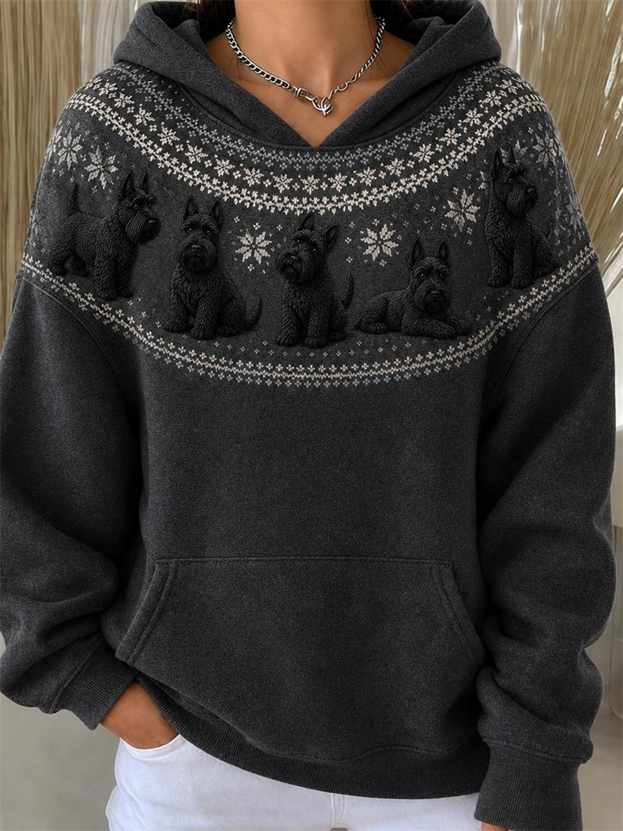 Women's Vintage Black Scottie Dogs Yoke Isle Pattern Print Hoodie