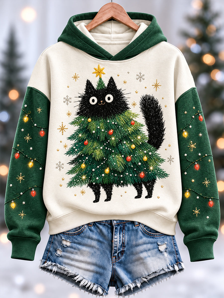 Women's Funny Cute Black Cat Christmas Tree Print Casual Hoodie