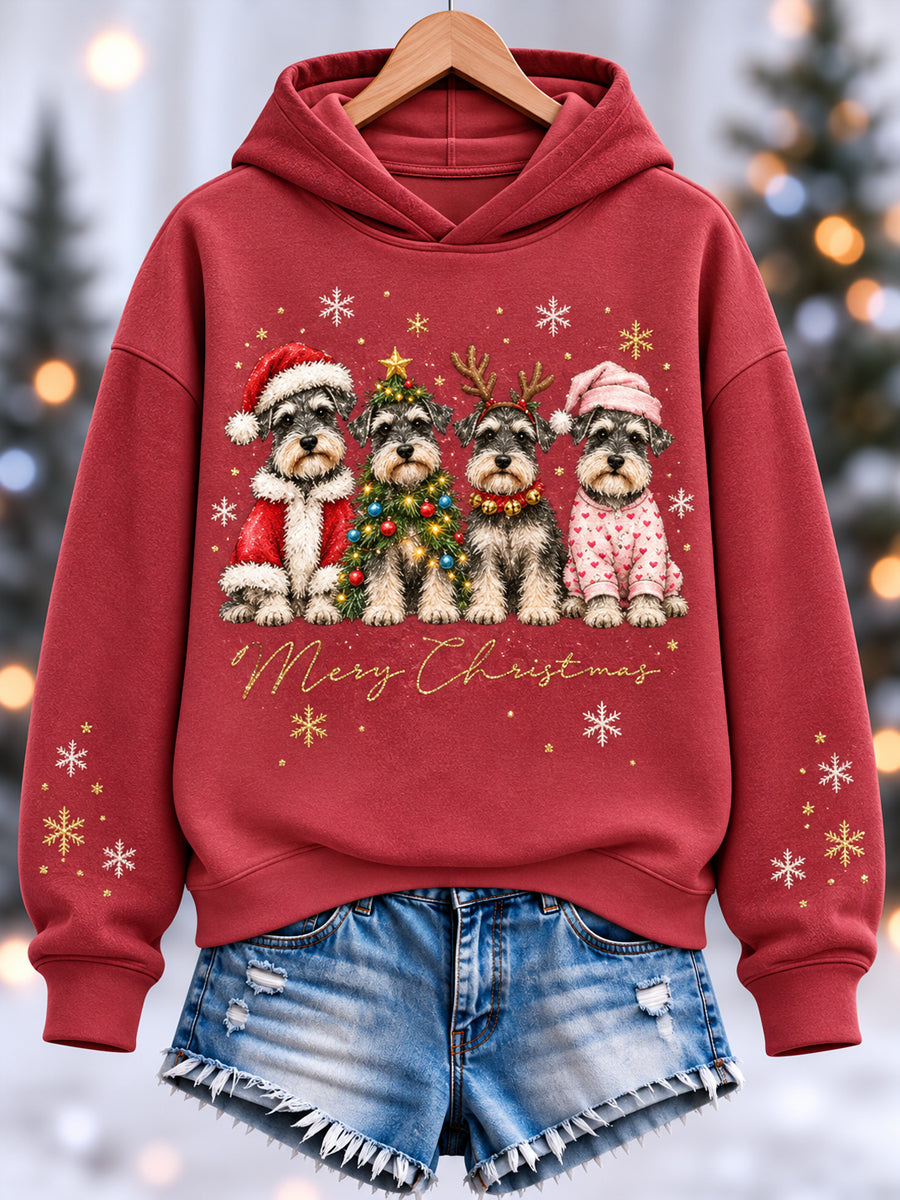 Women's Cute Schnauzer Merry Christmas Print Casual Hoodie
