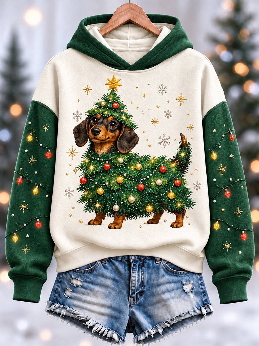 Women's Funny Cute Dachshund Christmas Tree Print Casual Hoodie