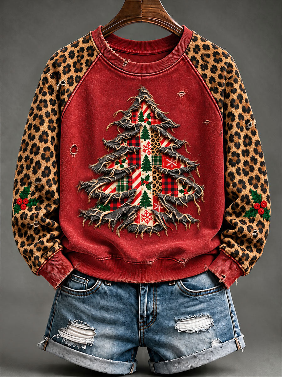 Women's Vintage Christmas Tree Art Raglan Sleeve Sweatshirt