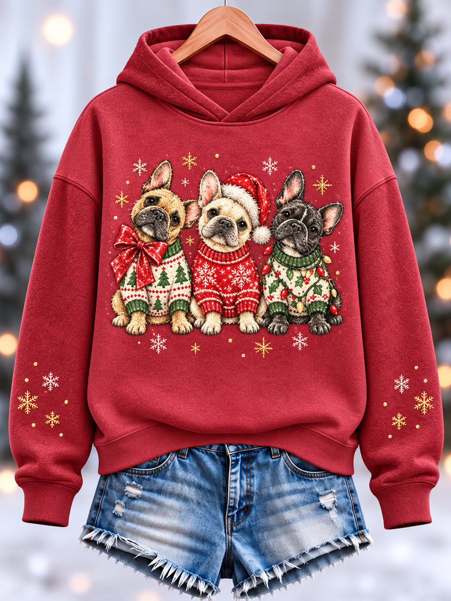 Women's Cute French Bulldogs Merry Christmas Print Casual Hoodie