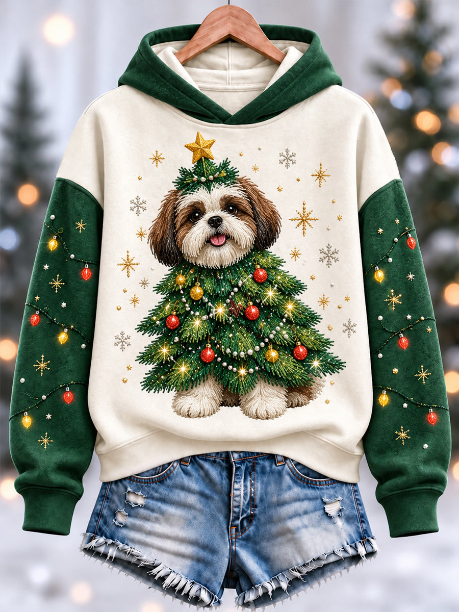 Women's Funny Cute Shih Tzu Christmas Tree Print Casual Hoodie