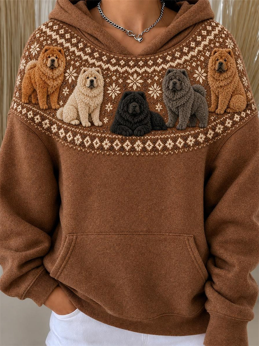 Women's Vintage Chow Chow Dogs Yoke Isle Pattern Print Hoodie