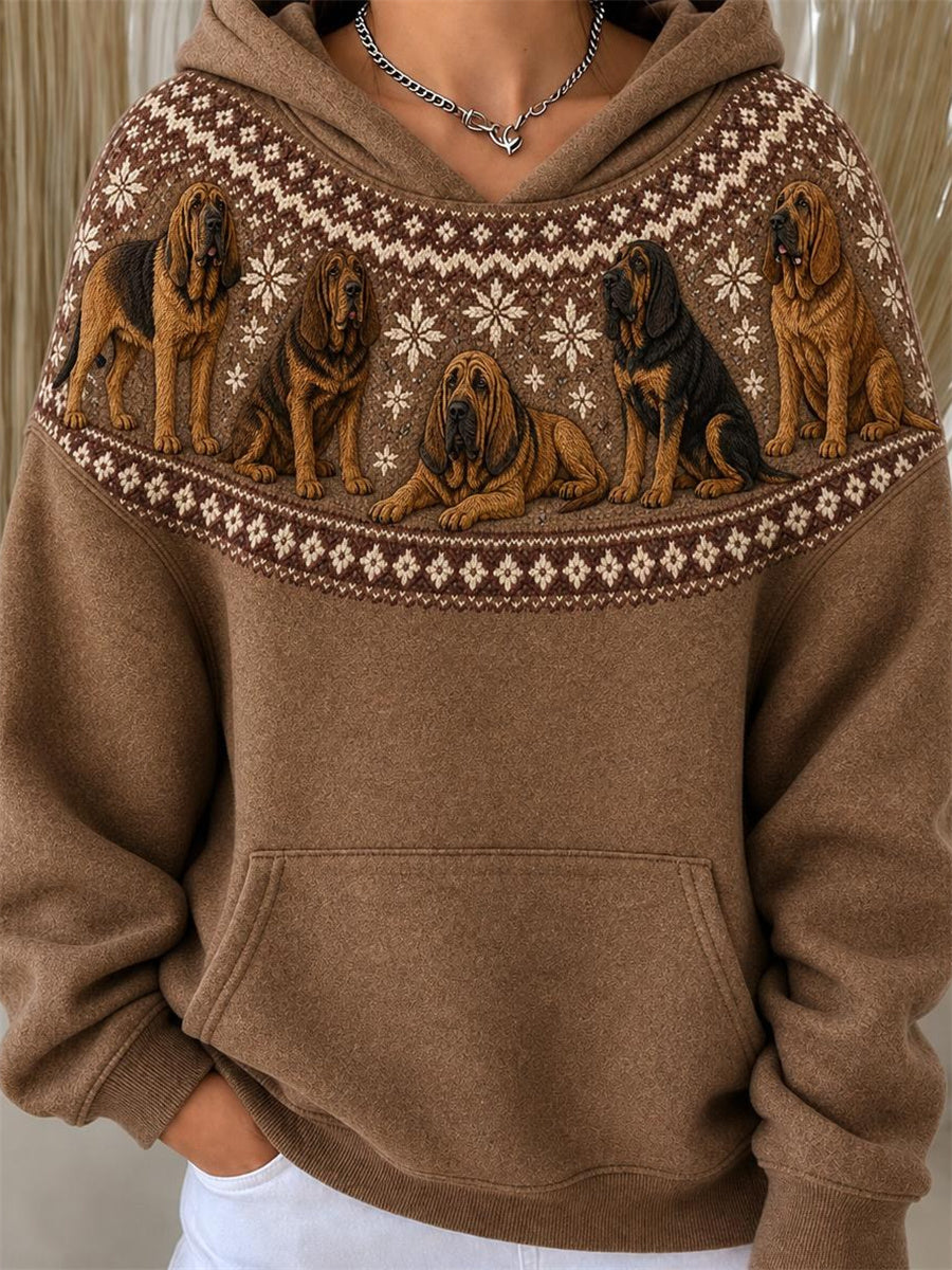 Women's Vintage Bloodhound Dogs Yoke Isle Pattern Print Hoodie