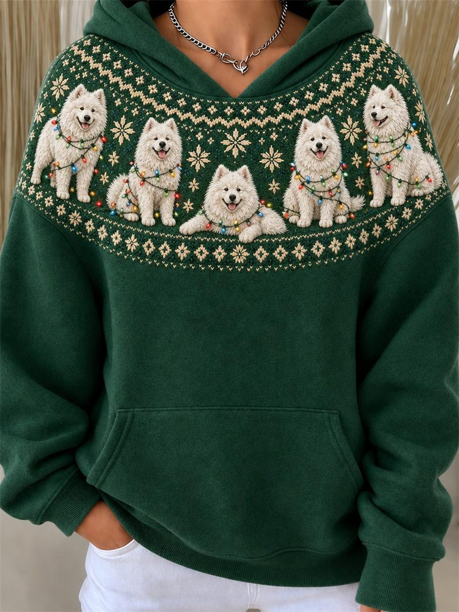 Women's Christmas Samoyed Dogs Yoke Isle Pattern Print Hoodie