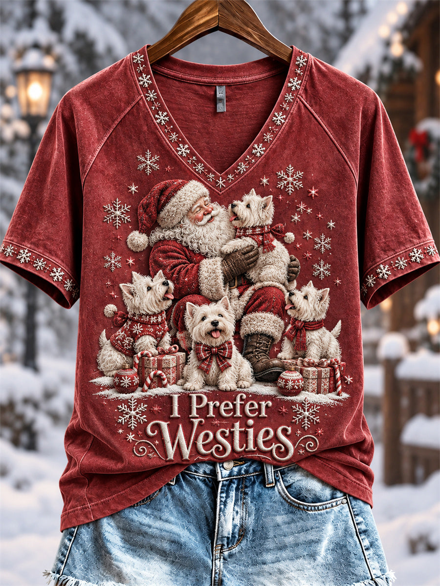 Women's I Prefer Westies Christmas Santa Claus & Dogs Print short-sleeved T-shirt