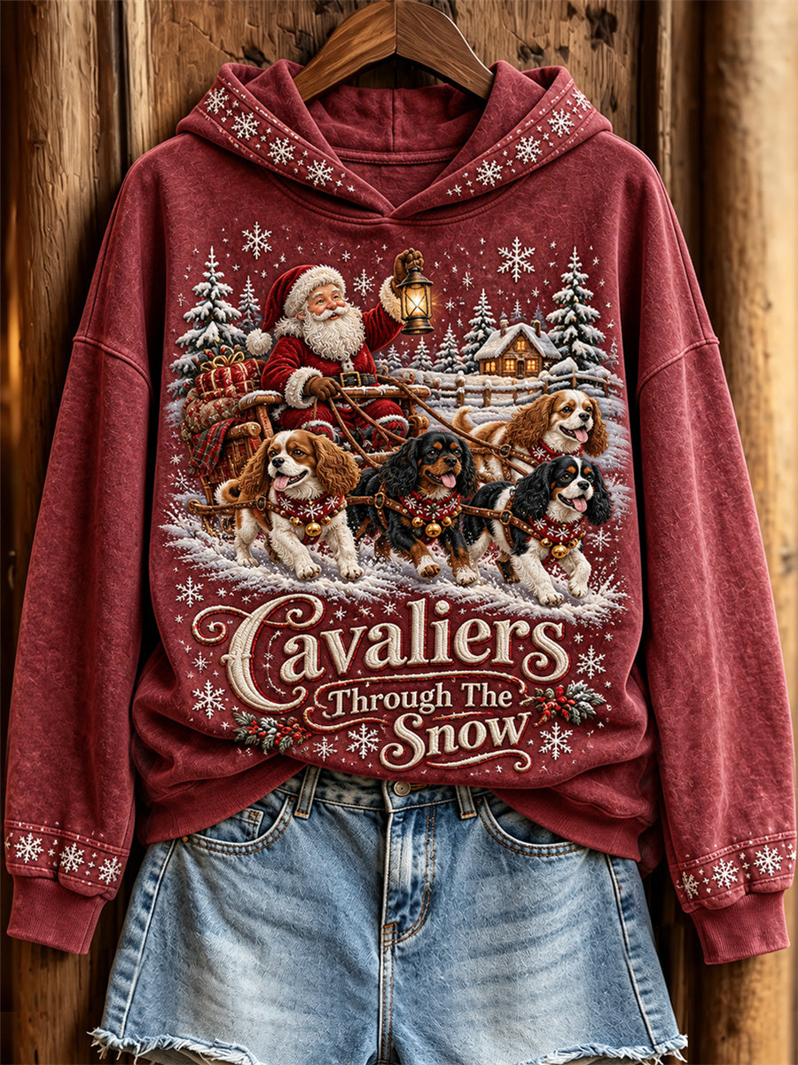 Women's Cavaliers Through The Snow Christmas Santa Claus & Dogs Print Hoodie