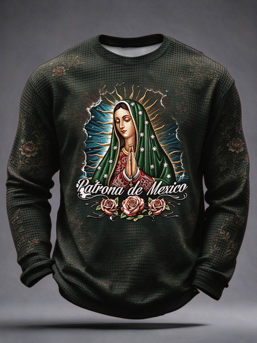Men's Feast of Our Lady of Guadalupe art Printed Waffle Long Sleeve T-Shirt