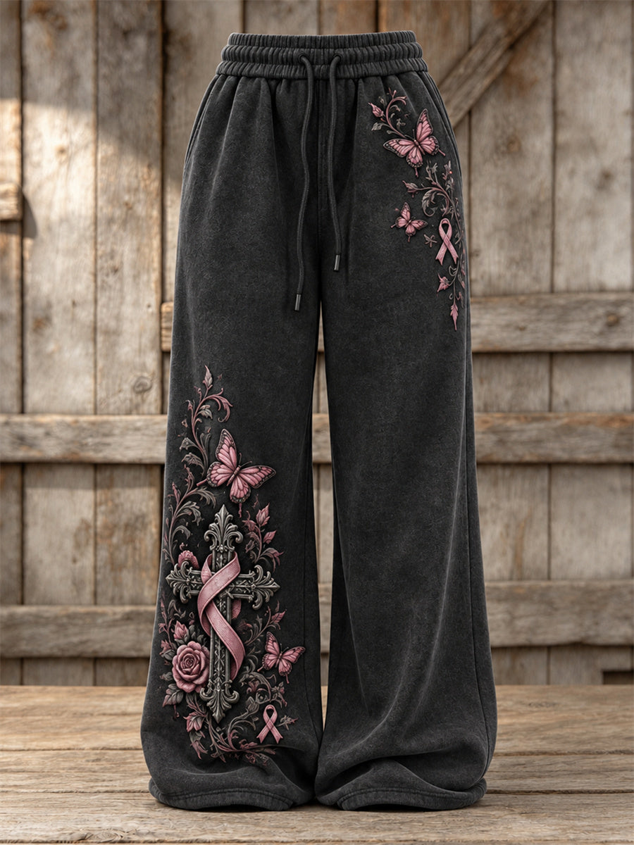 Women's Gothic Cross & Pink Ribbon Butterflies Roses Floral Print Wide Leg Sweatpants