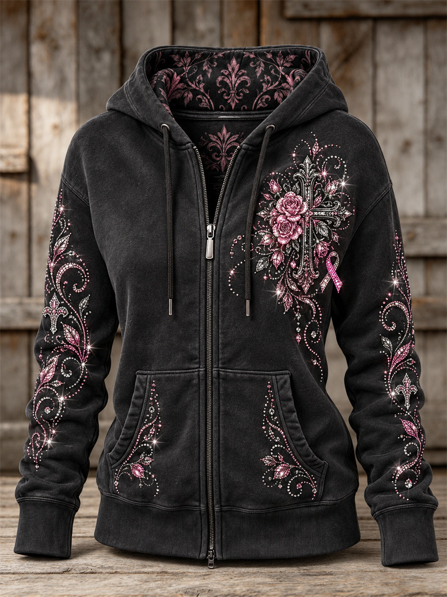 Women's Vintage Pink Ribbon Gothic Cross & Roses Floral Glitter Print Full Zip Hoodie