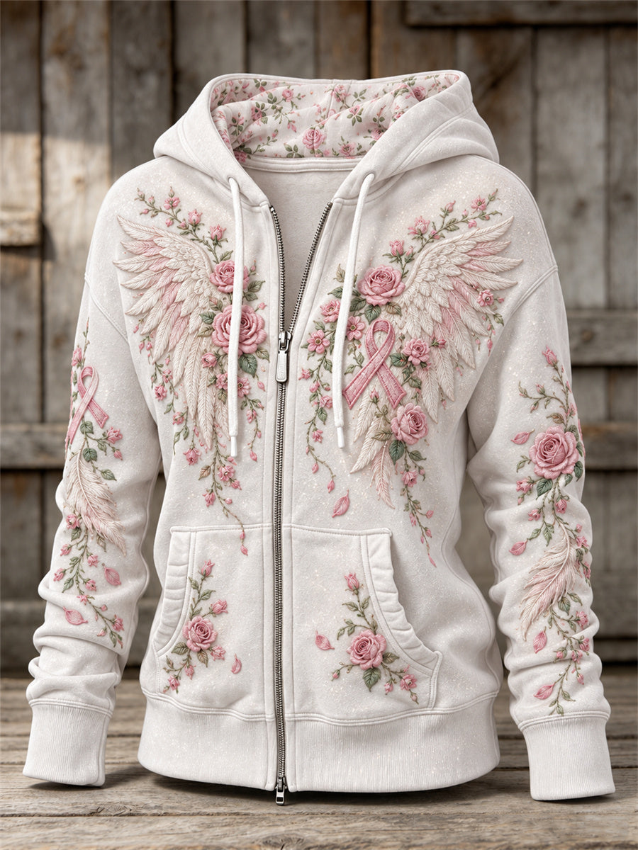 Women's Vintage Wings & Pink Ribbon Roses Floral Print Full Zip Hoodie