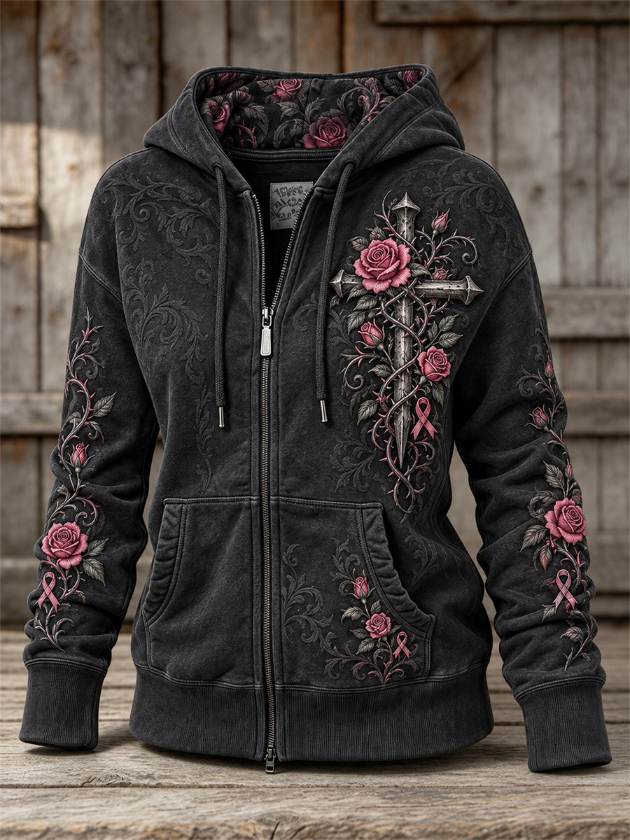 Women's Gothic Cross Pink Ribbon Roses Floral Print Full Zip Hoodie