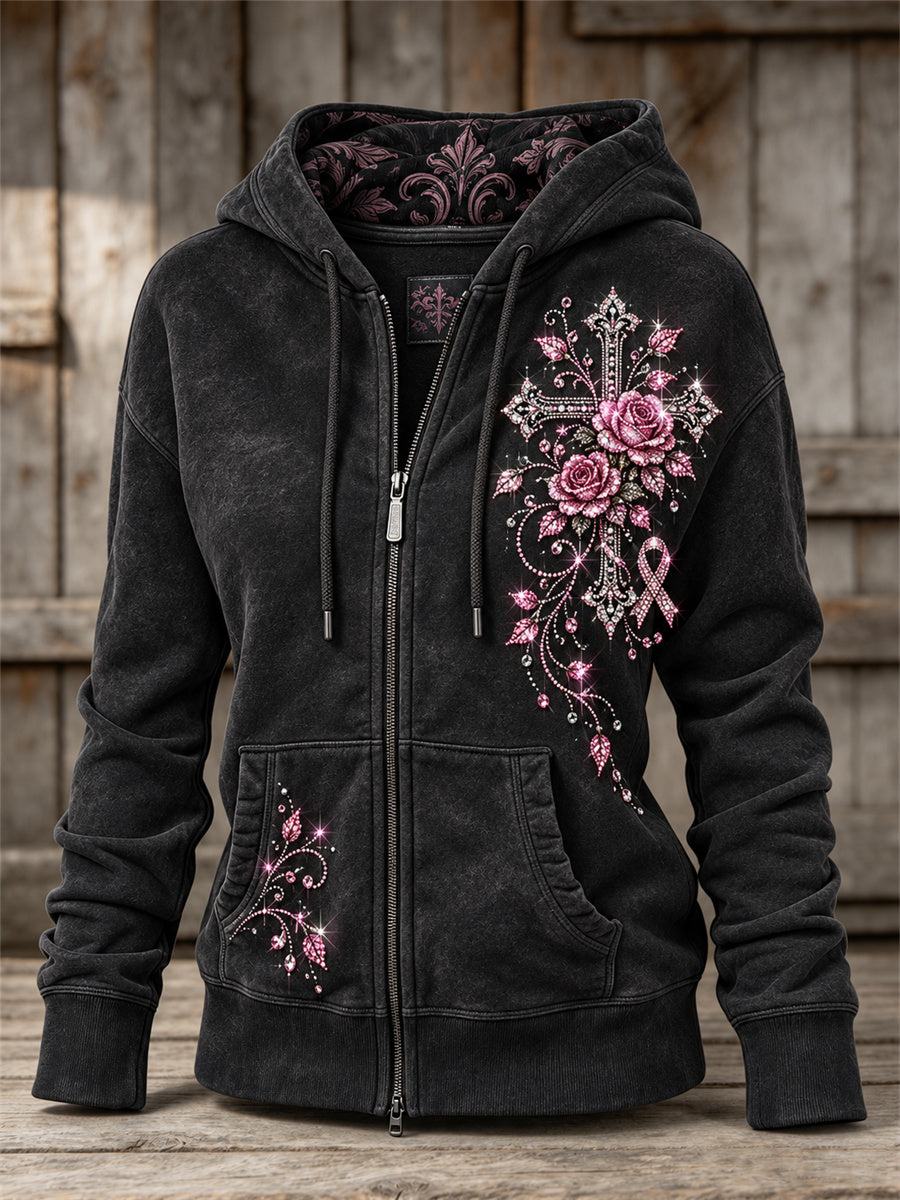 Women's Vintage Pink Ribbon Gothic Cross & Roses Floral Glitter Print Full Zip Hoodie