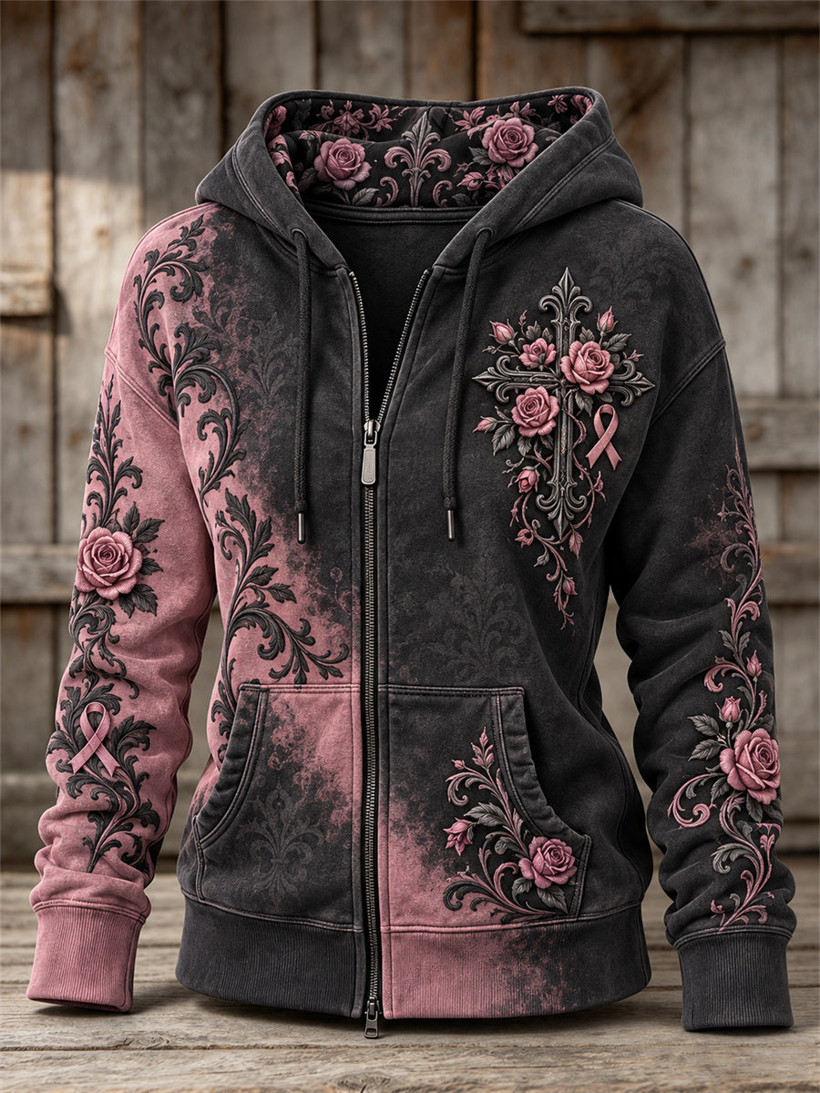 Women's Gothic Cross Pink Ribbon Roses Floral Contrast Color Print Full Zip Hoodie