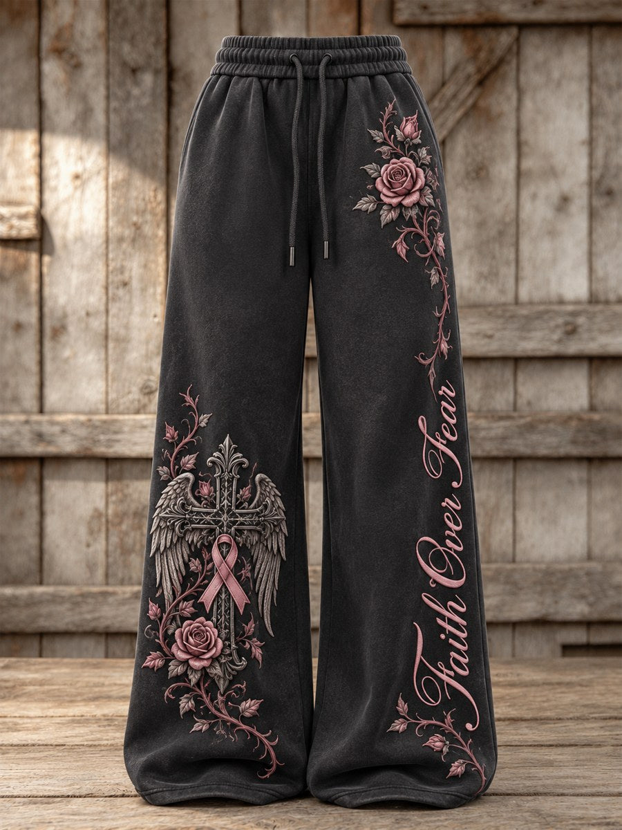 Women's Faith Over Fear Gothic Cross & Pink Ribbon Roses Floral Print Wide Leg Sweatpants