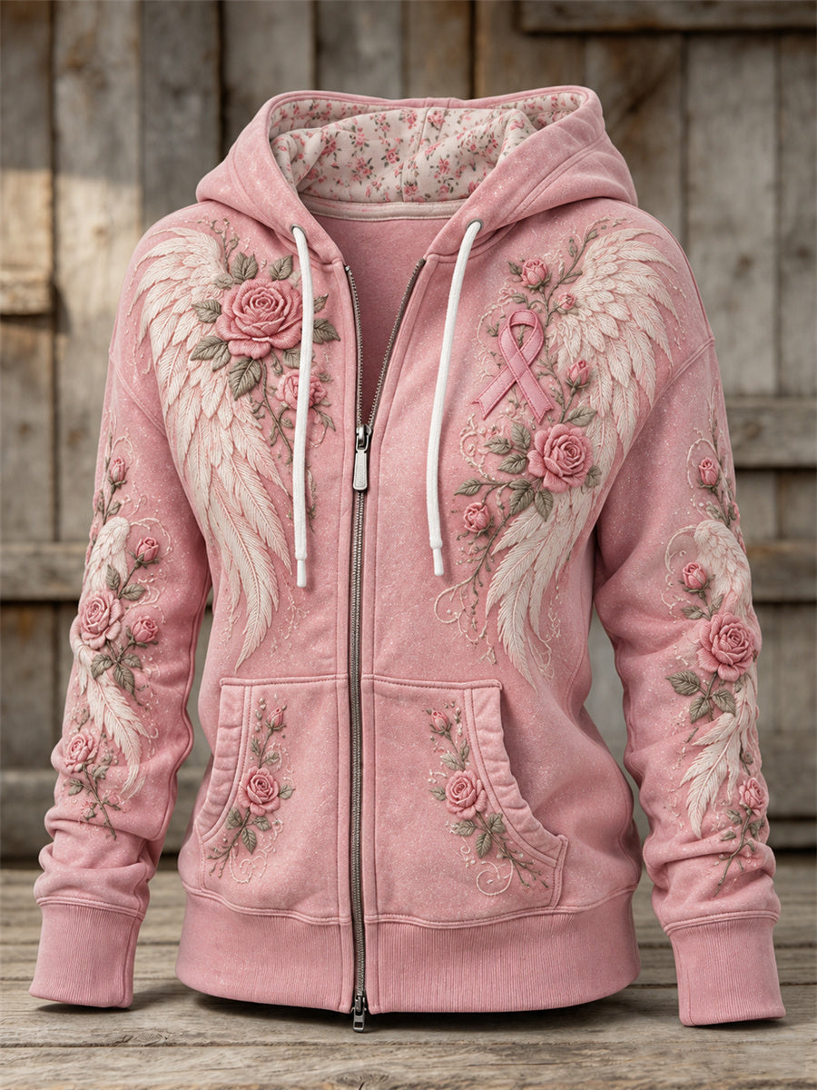 Women's Vintage Wings & Pink Ribbon Roses Floral Print Full Zip Hoodie