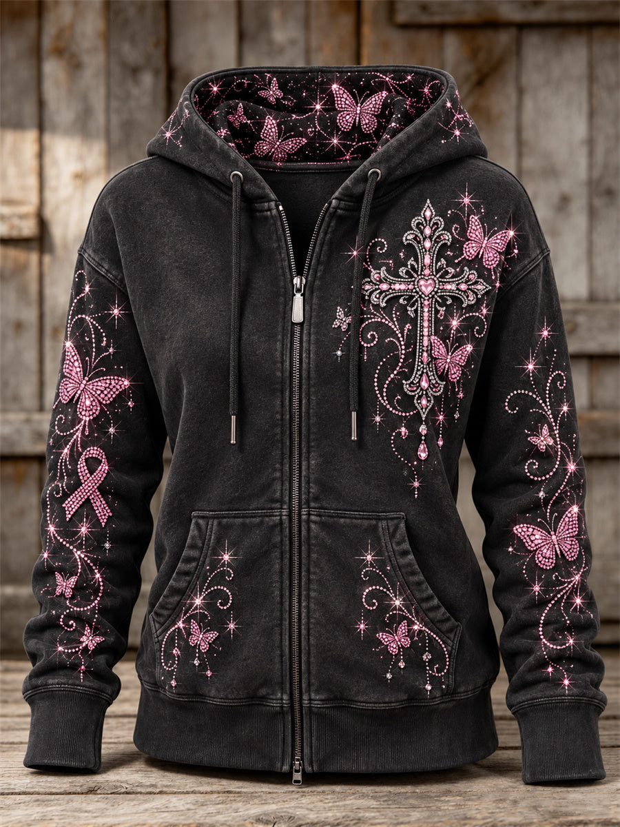 Women's Vintage Pink Ribbon Gothic Cross & Butterflies Glitter Print Full Zip Hoodie