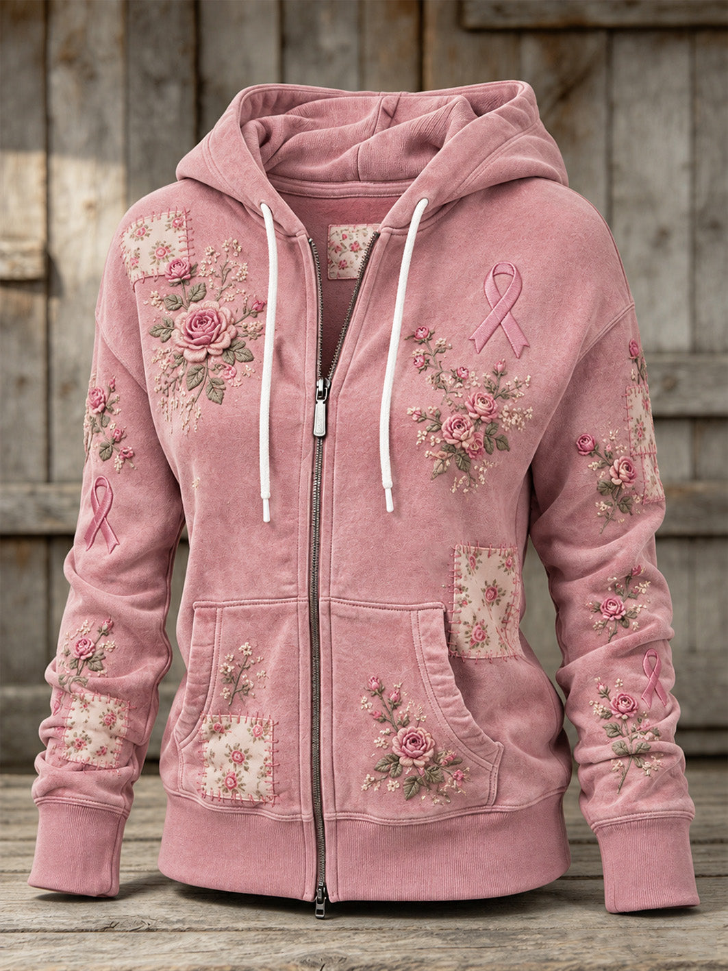 Women's Pink Rose and Pink Charity Ribbon Pattern Design Casual Zip-Up Hoodie
