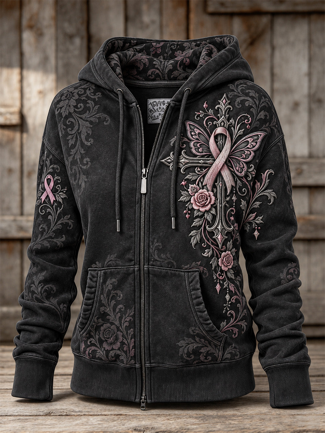 Women's Pink Rose and Pink Charity Ribbon Pattern Design Casual Zip-Up Hoodie