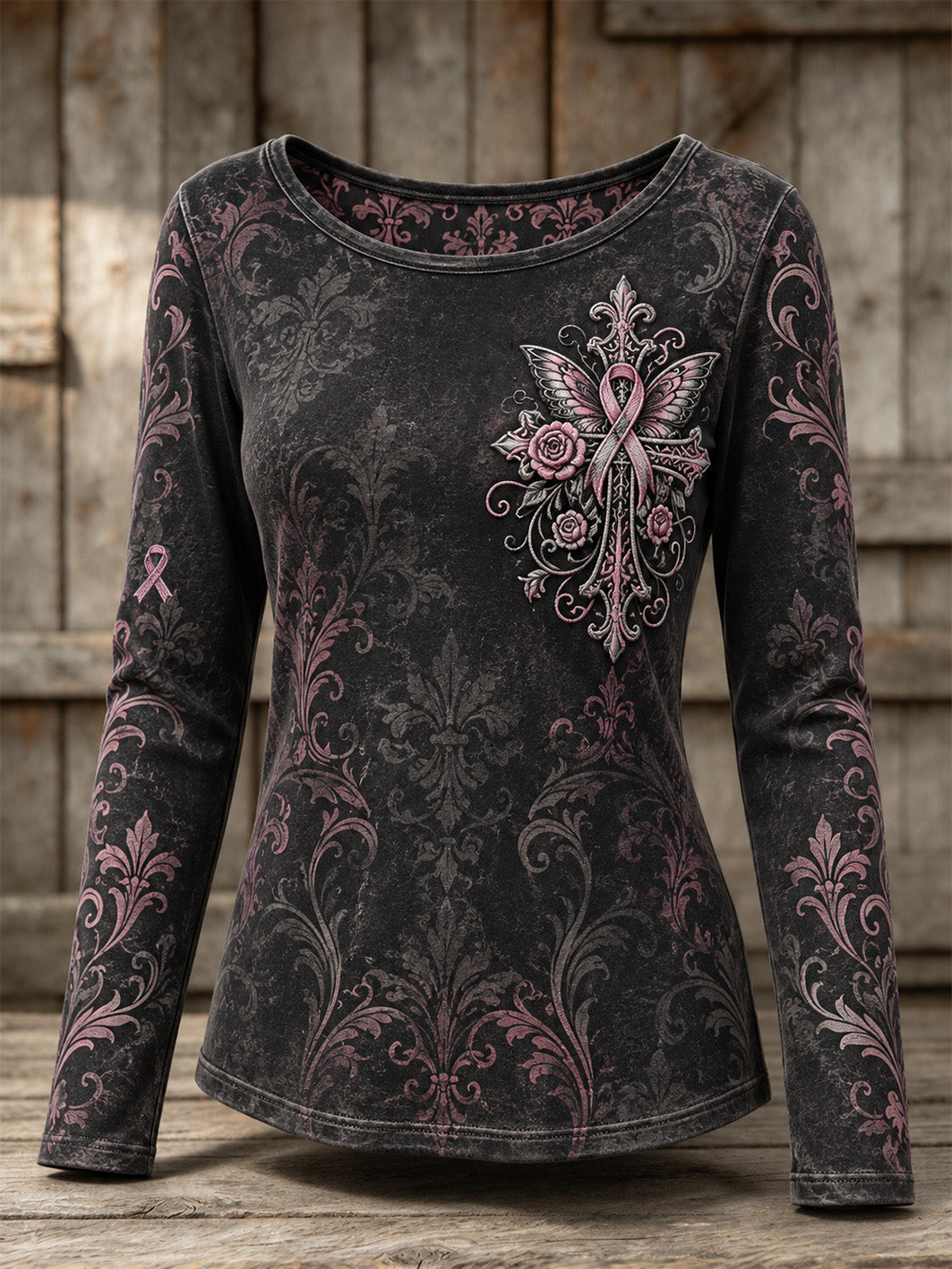 Women's Pink Corss and Pink Charity Ribbon Pattern Design Casual Velour Oversized Round Neck T-Shirt