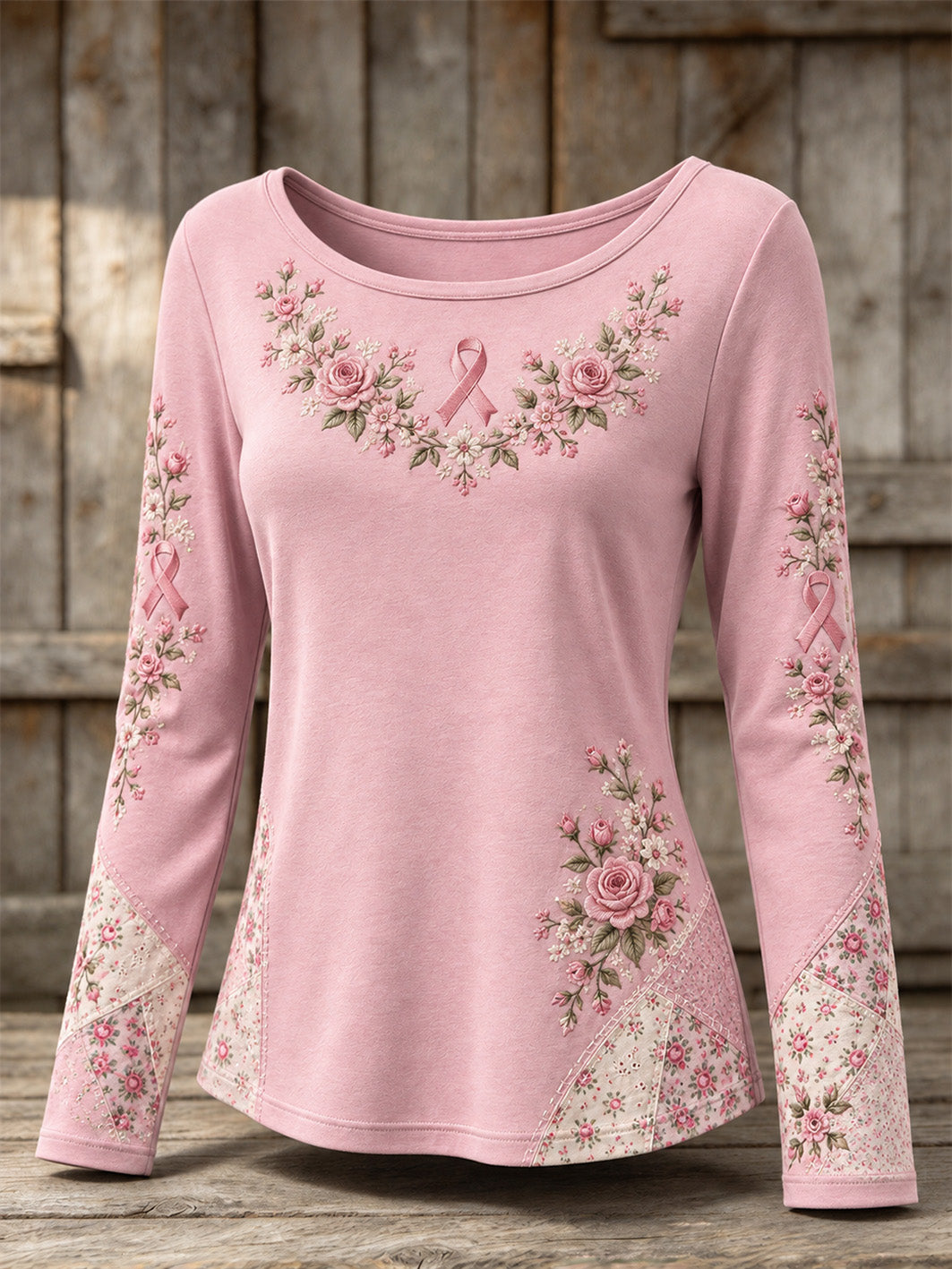 Women's Pink Rose and Pink Charity Ribbon Pattern Design Casual Velour Oversized Round Neck T-Shirt