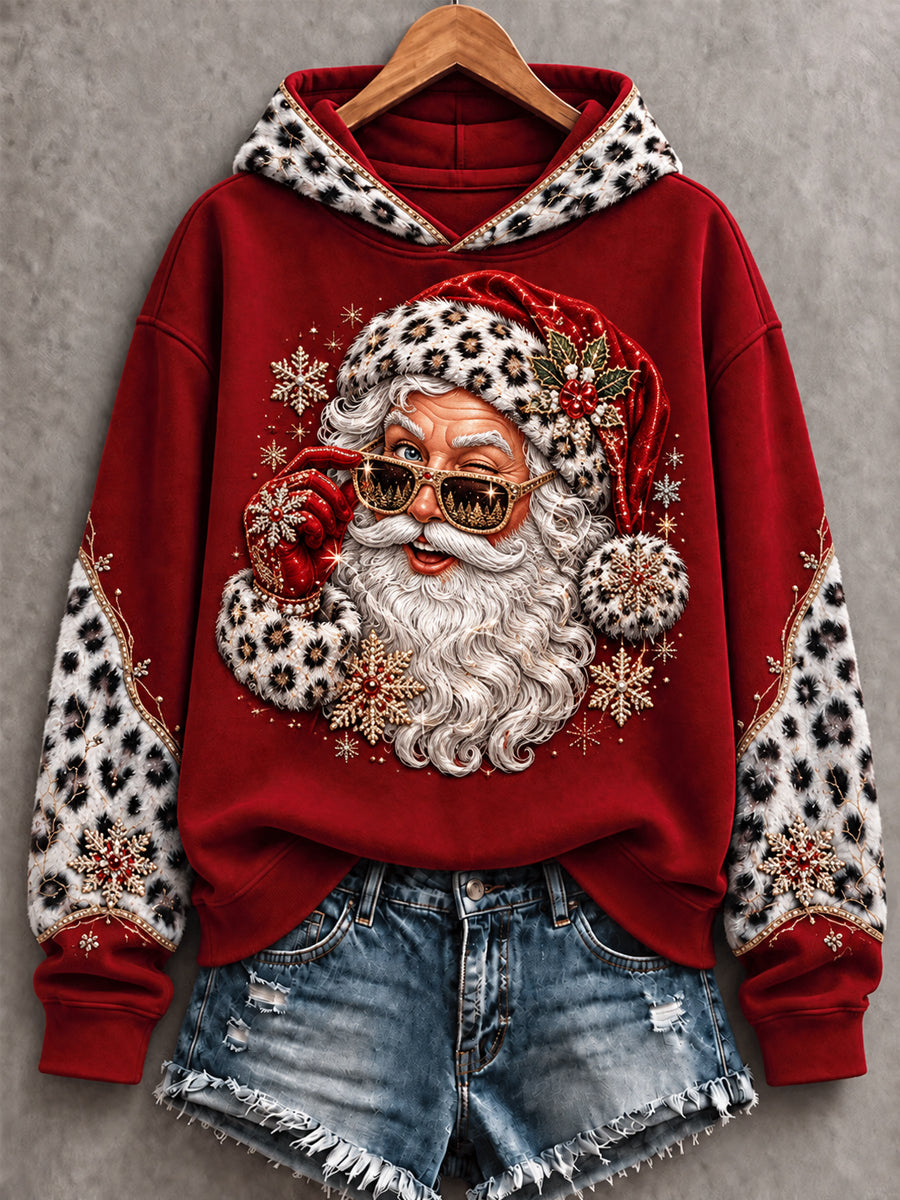 Women's Christmas Santa Claus Leopard Print Casual Hoodie
