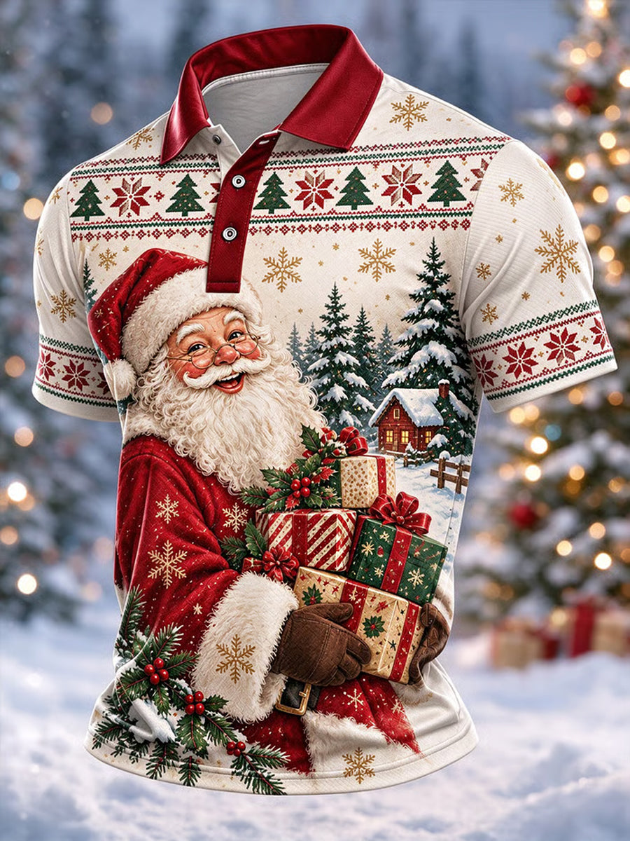 Men's Retro Christmas Santa Claus Print Casual Polo Shirt