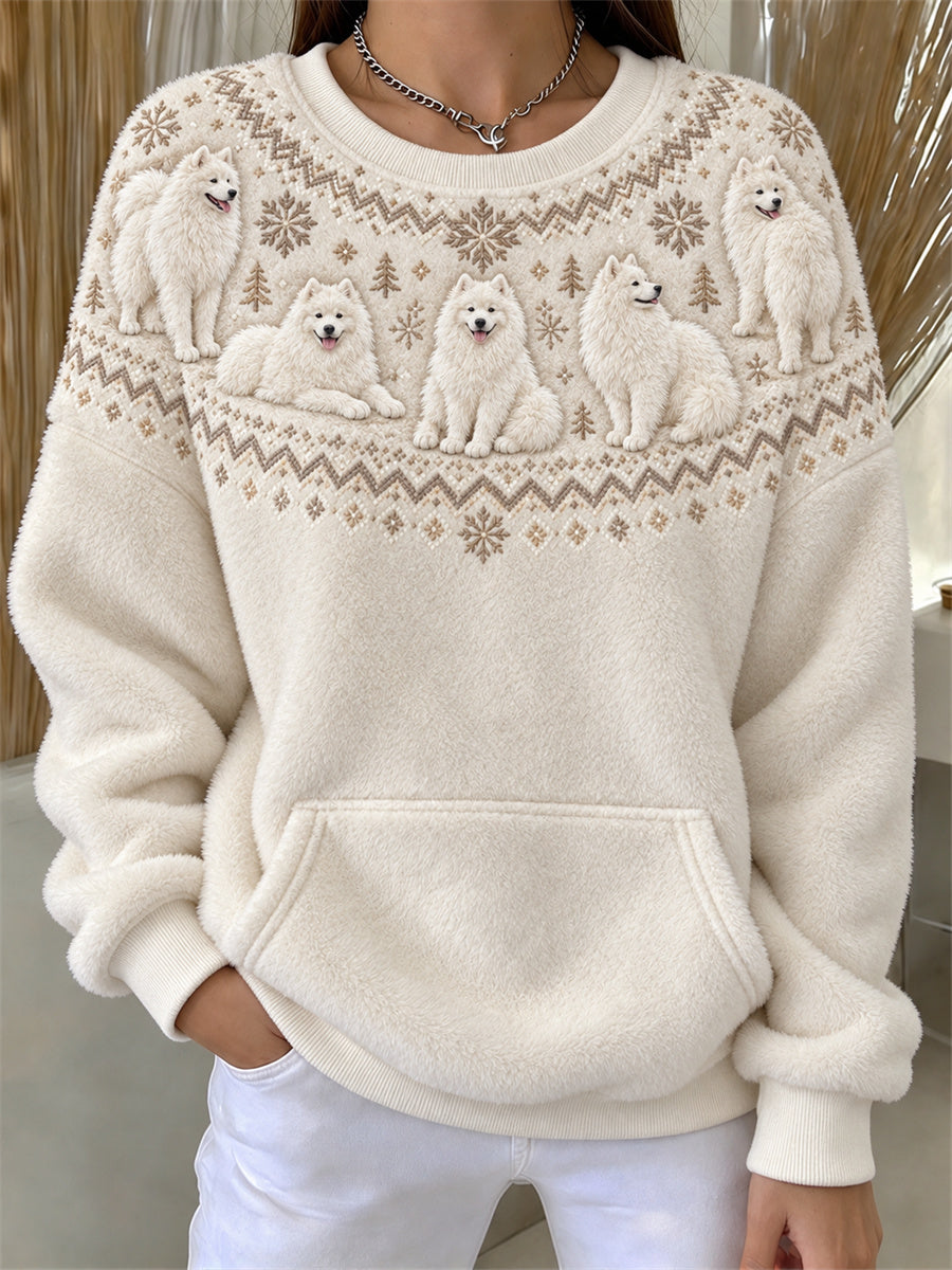 Women's Vintage Samoyed Dogs Yoke Isle Pattern Print Flannel Sweatshirt