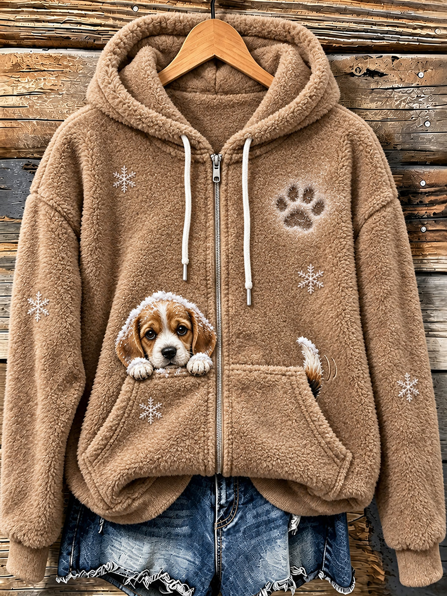 Women's Cute Peeking Beagle Dog & Paw Print Cozy Flannel Jacket