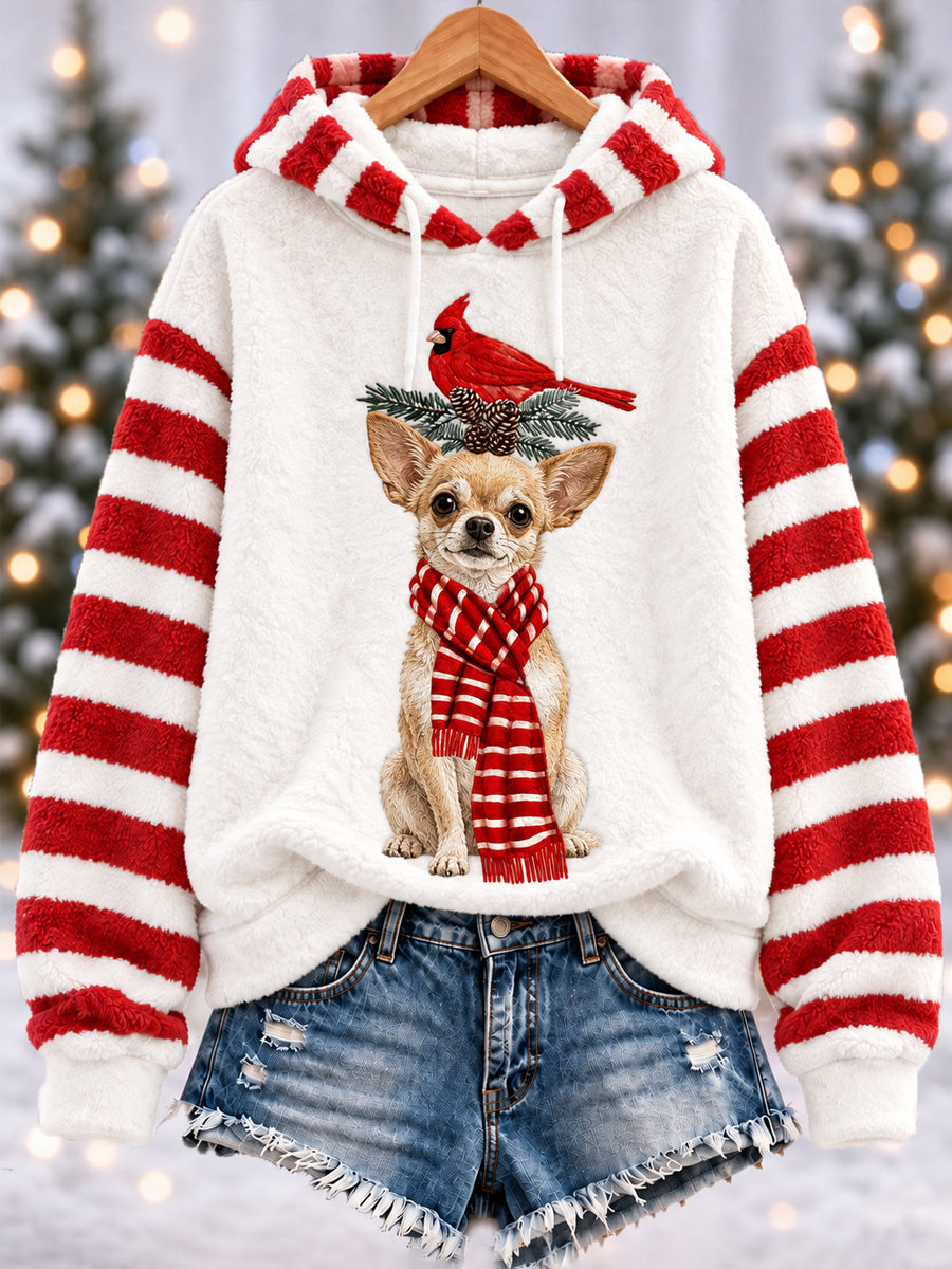 Women's Christmas Cute Funny Chihuahua Northern Cardinal Stripes Print Casual Flannel Hoodie