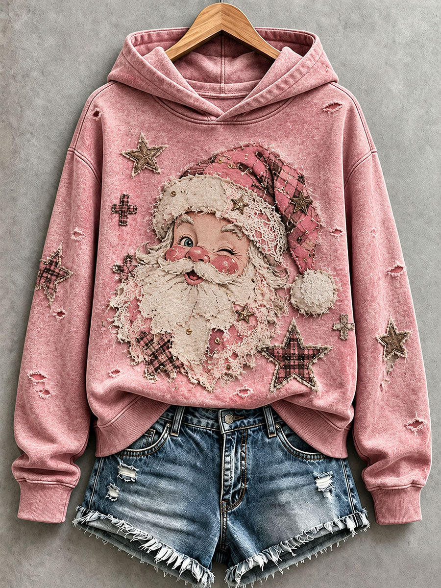 Women's Distressed Santa Patchwork Art Hoodie