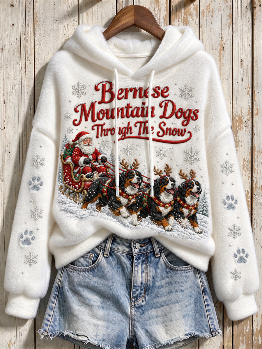 Women's Bernese Mountain Dogs Through The Snow Christmas Santa Claus & Dogs Print Flannel Hoodie