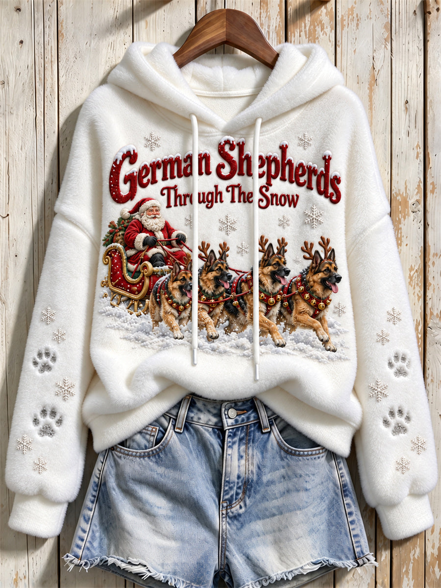 Women's German Shepherds Through The Snow Christmas Santa Claus & Dogs Print Flannel Hoodie