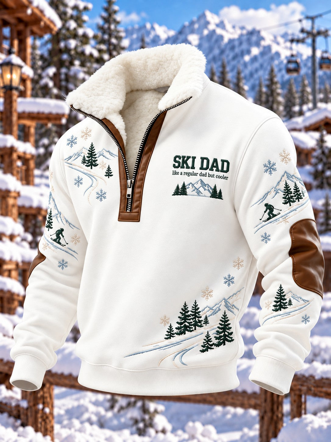 Men's Ski Dad Printed Plush Stand Collar Shirt