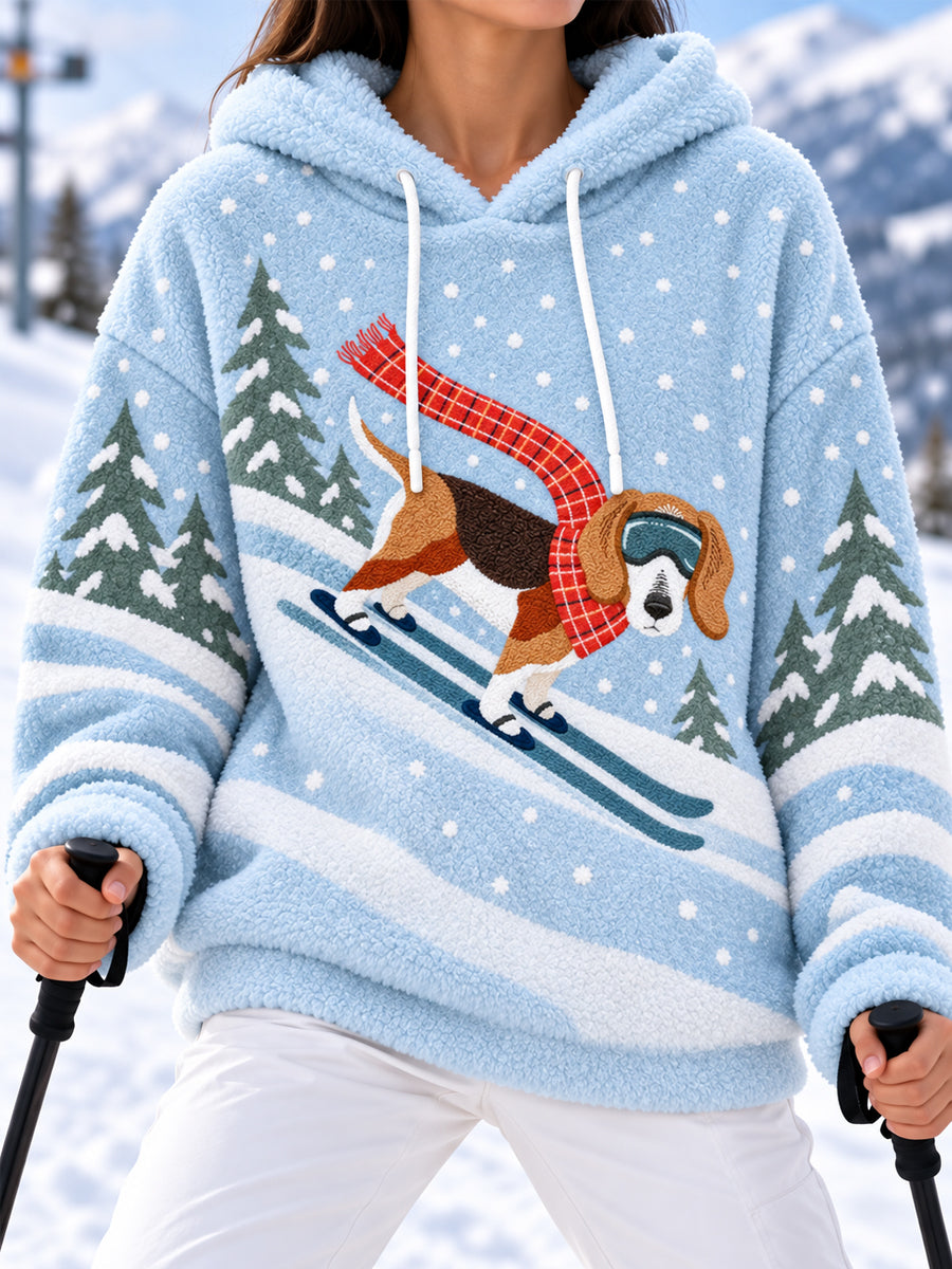 Women's Cute Funny Dog Skiing Print Casual Flannel Hoodie