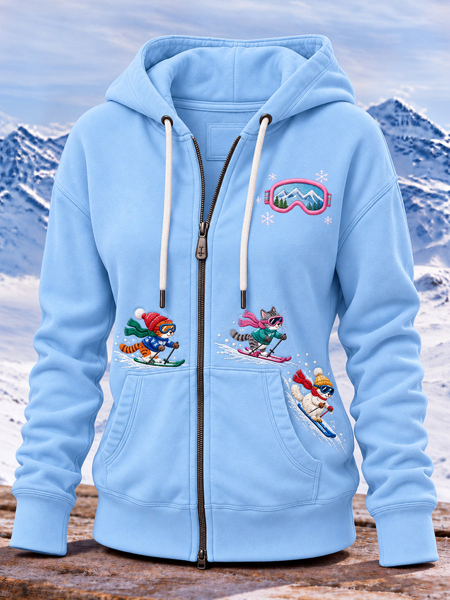 Women's Cute Cat Ski Graphic Zip-Up Hoodie