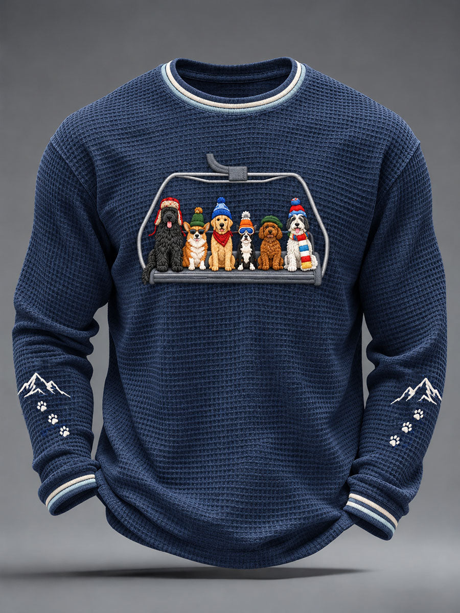 Men's Skiing Dog Print Waffle Long Sleeve T-Shirt