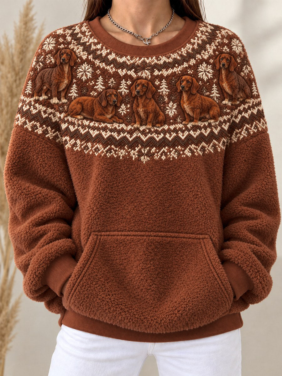 Women's Vintage Dachshund Dogs Yoke Isle Pattern Print Cozy Flannel Sweatshirt